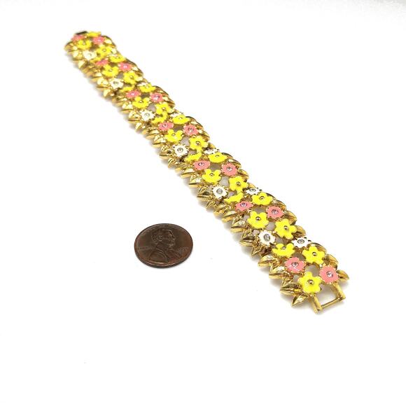 1980s Monet Floral Enamel Bracelet Pink Yellow White Rhinestone Vintage Jewelry - Picture 8 of 10